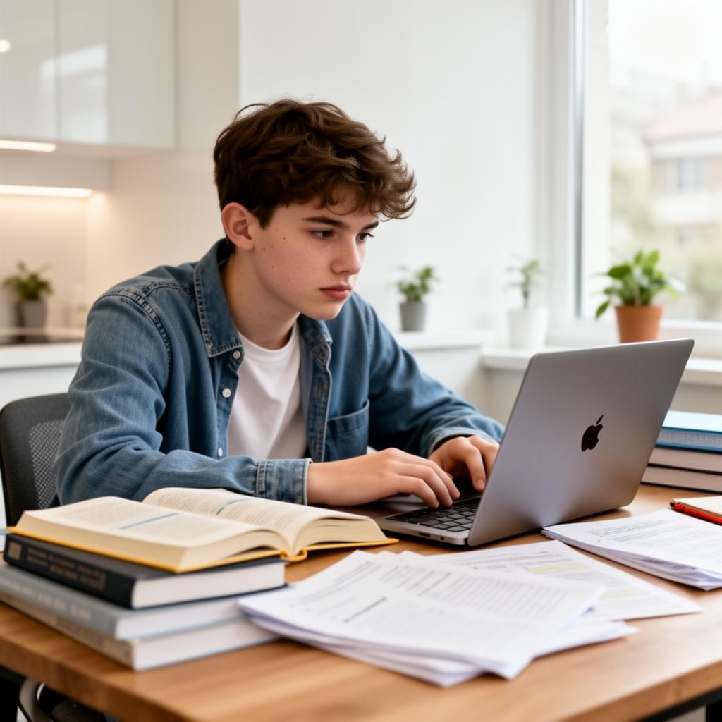 Student studying with a laptop and textbooks